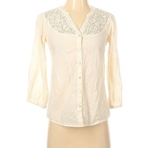 Lucky Brand Top Women Size S Ivory Embroidered V-neck Button Down Long S…